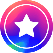 A vibrant circular icon with a white star centered over a swirling blue and purple background, enclosed within a neon pink and purple gradient border.