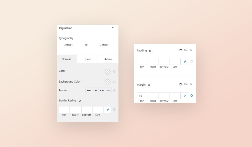 Gutenberg Post Grid, screenshots outline the settings for "Pagination" design customization in a web development tool.