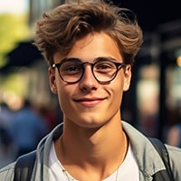 Smiling man with glasses (city street)