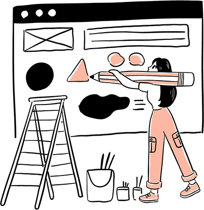 An illustrated girl holding a pencil to sketch a website landing page.